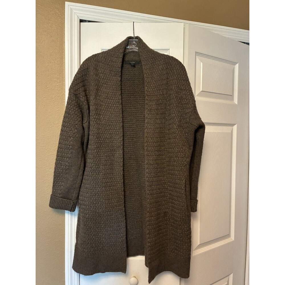Tahari Women’s Wool Yak Brown Knit V-Neck Open Front Cardigan Sweater L